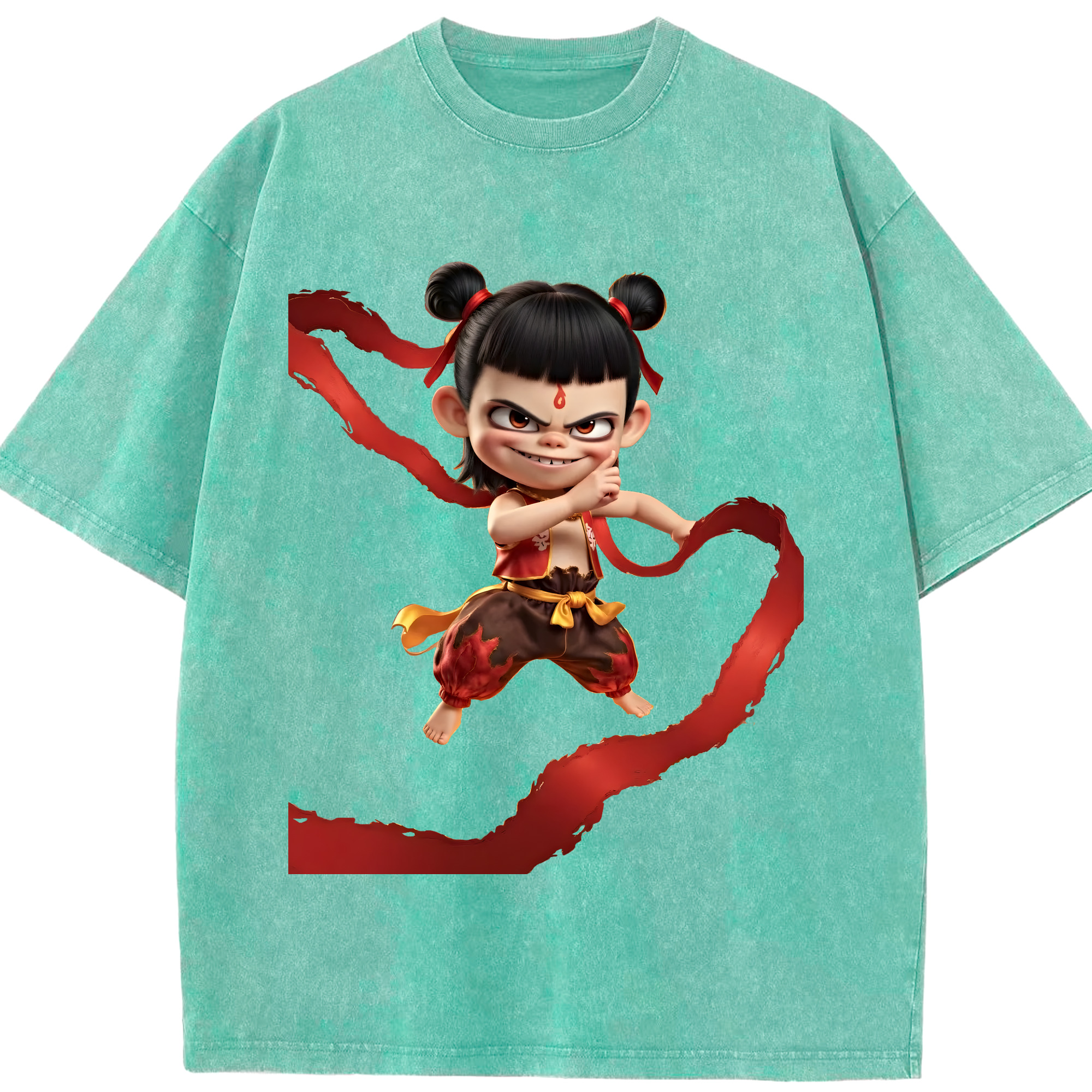 （画像用） Ne Zha 2 ナタ 魔童の大暴れ 綿100% ヴィンテージ風 半袖Tシャツ（フロントプリント）